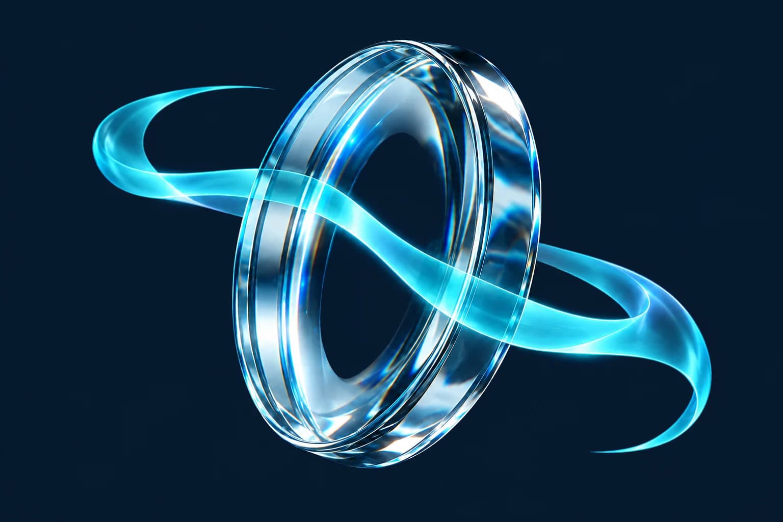 A clear glass lens bringing a cyan ribbon into focus
