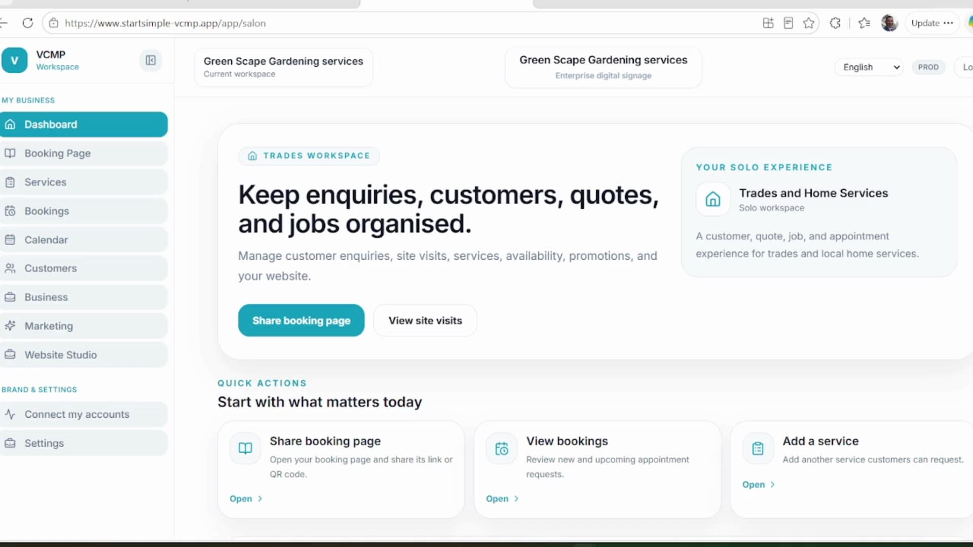 Solo workspace showing its dashboard and business tools