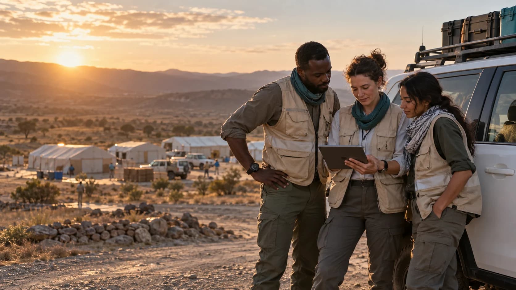 Civilian humanitarian field team reviewing a route beside a vehicle