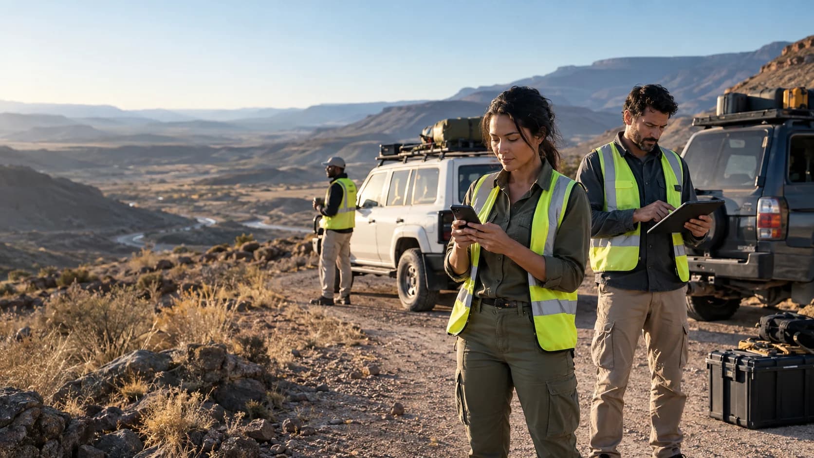 Civilian logistics team preparing an overland field journey