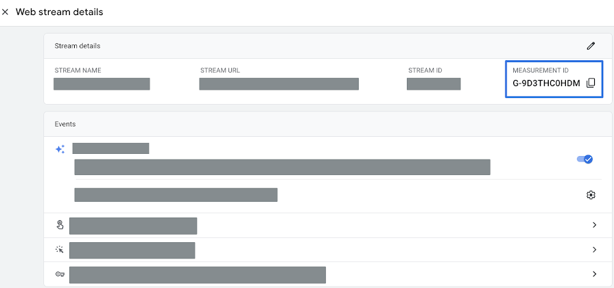 Google Analytics web stream details showing the measurement ID location