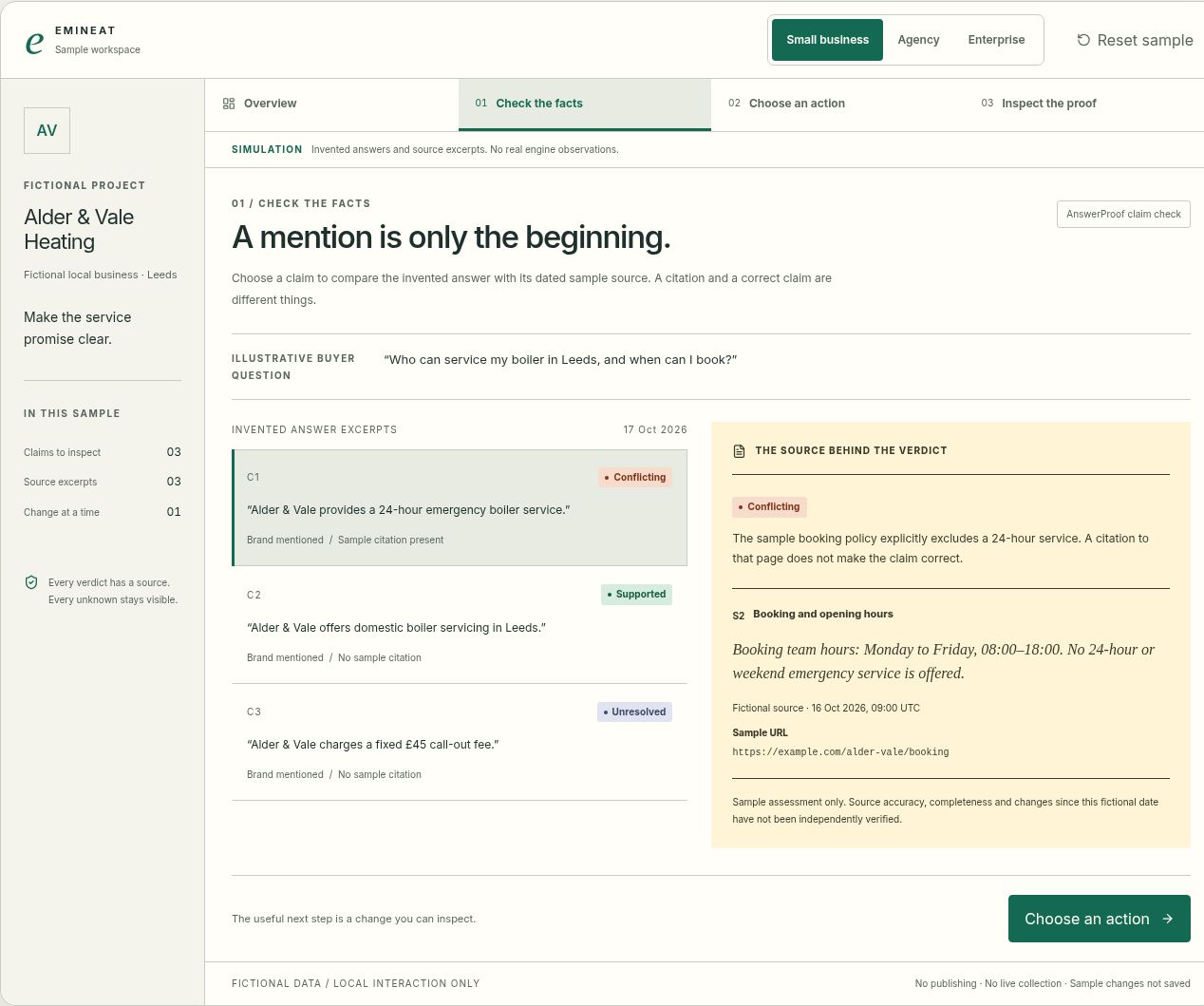 Actual Emineat demo facts view comparing fictional business claims with their sample sources.