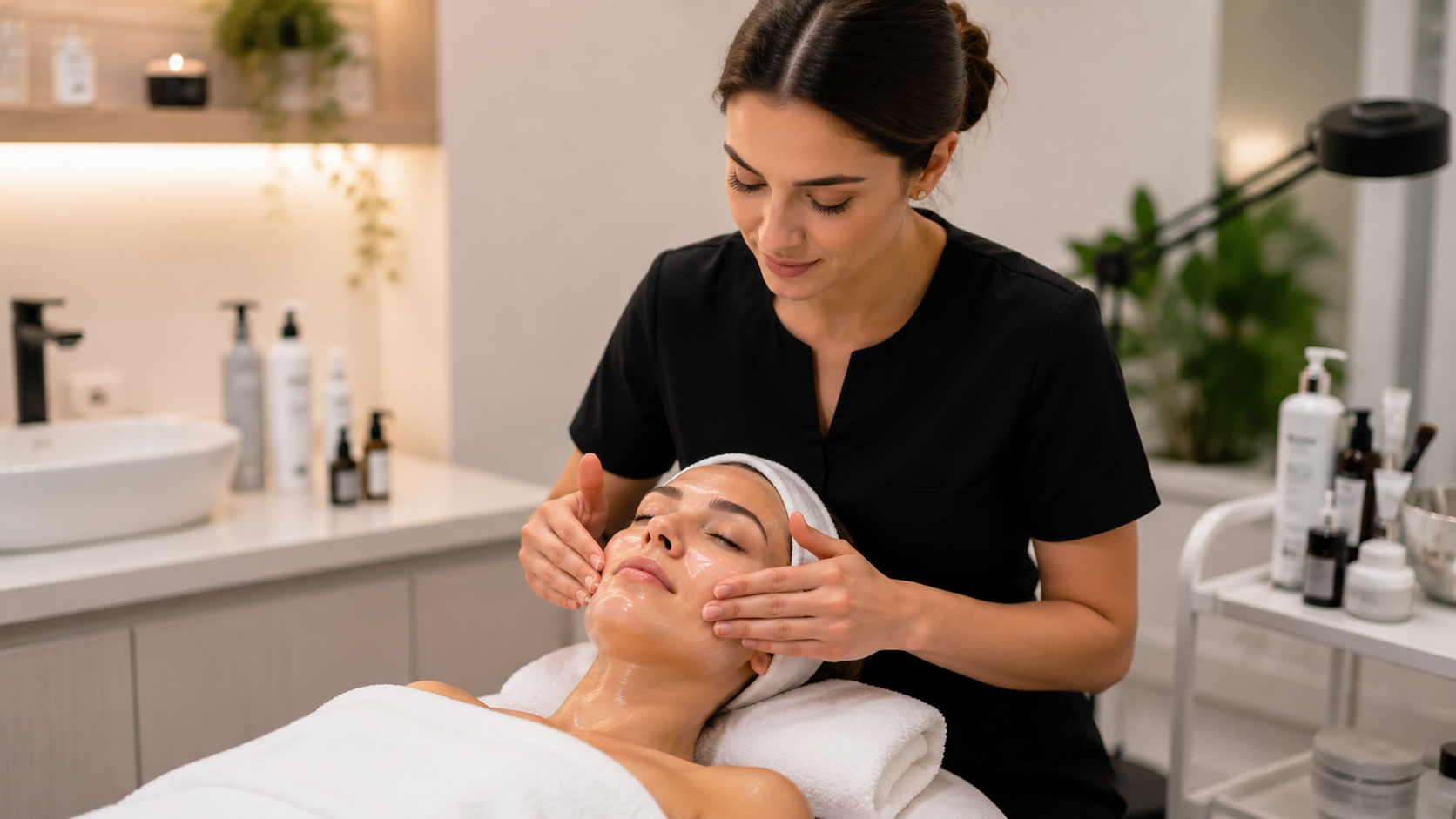 معالجة تجميل تُجري جلسة عناية بالبشرة في غرفة علاج أنيقة في الإمارات
