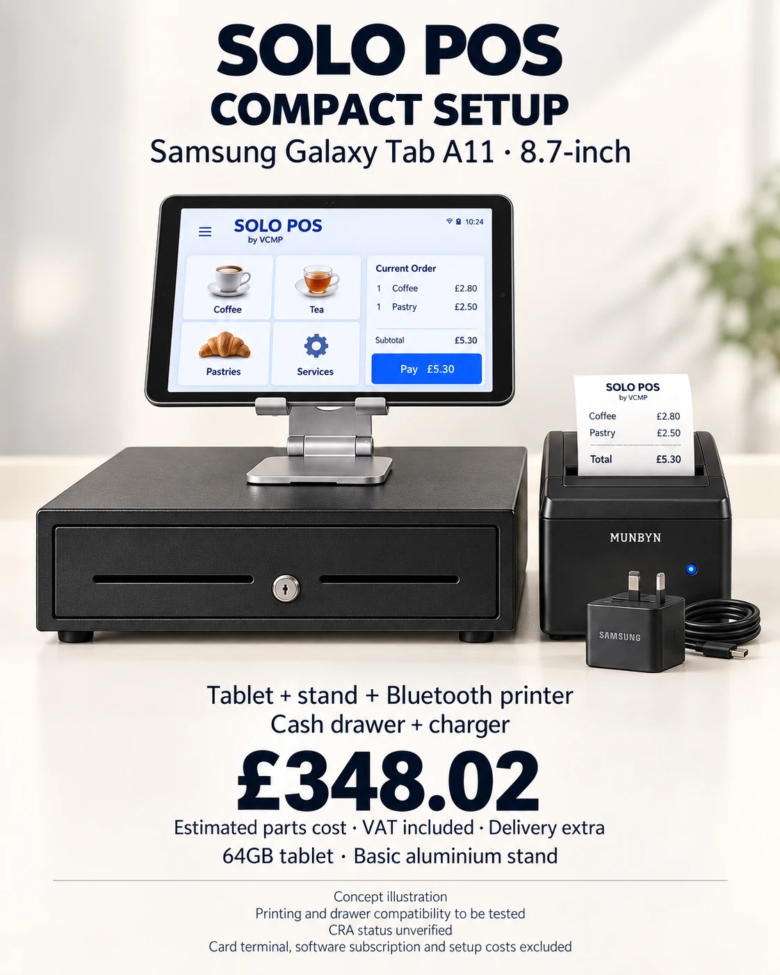 Concept illustration of the Samsung Galaxy Tab A11 on a stand with receipt printer, cash drawer and charger