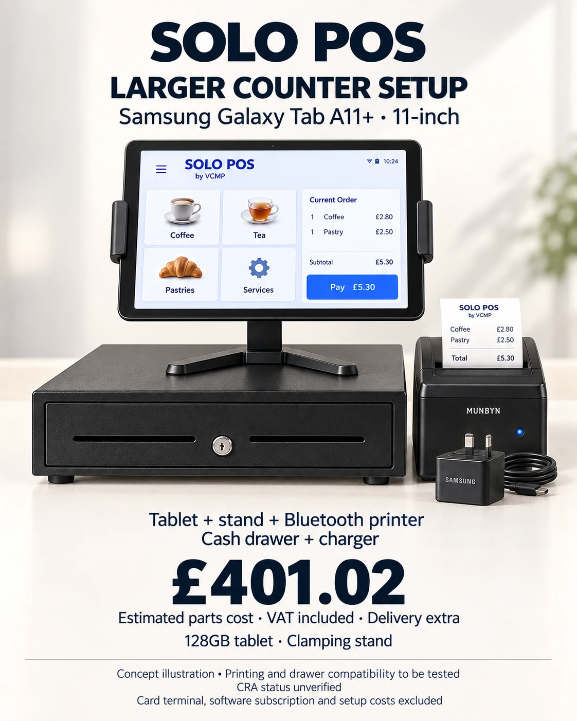 Concept illustration of the Samsung Galaxy Tab A11+ on a stand with receipt printer, cash drawer and charger