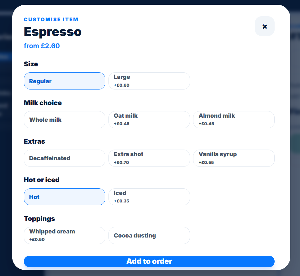 SOLO POS item customisation: size, milk, extras, temperature and toppings