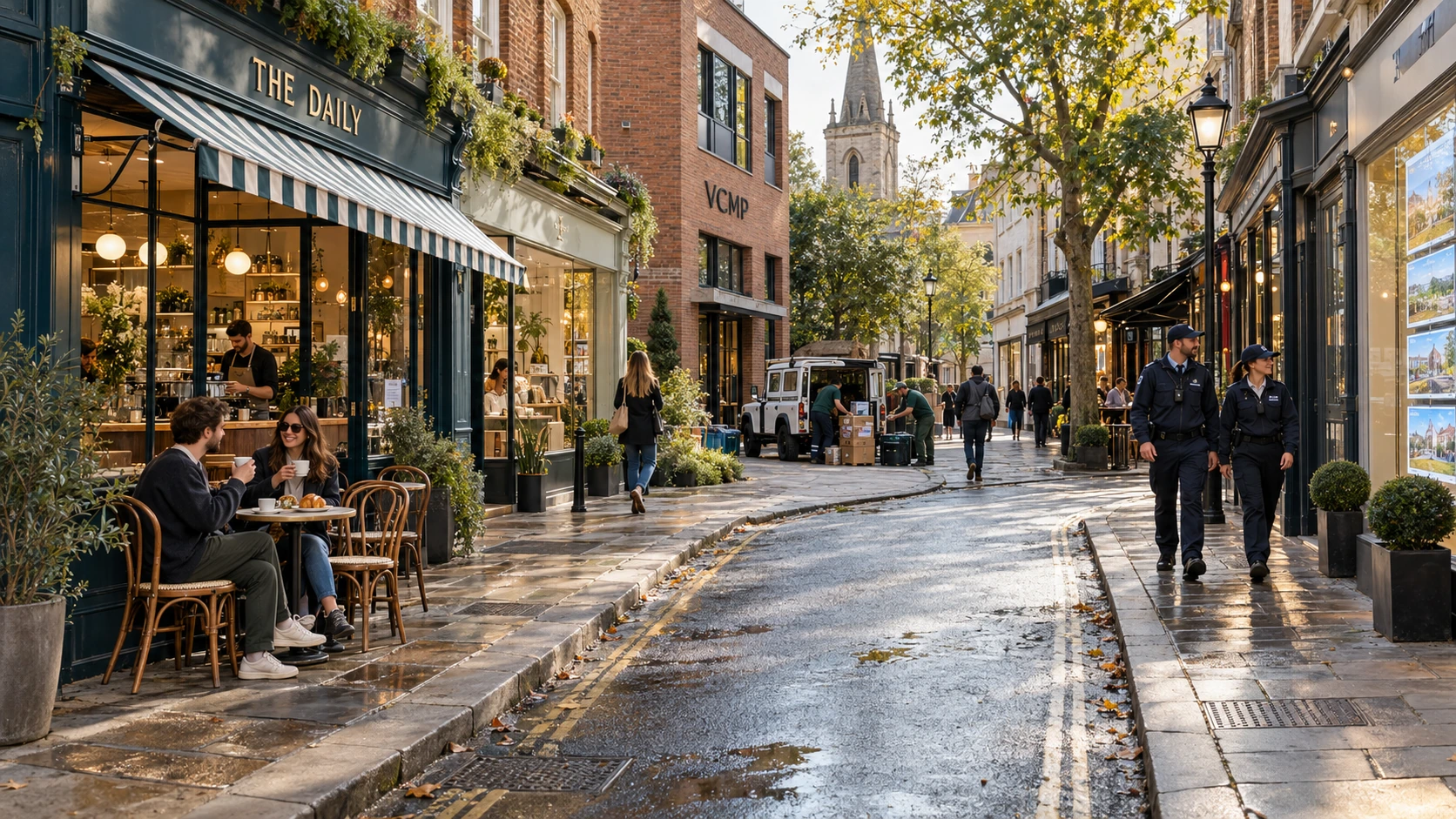 A lifelike British high street with a café, shops, a VCMP office and people going about their day